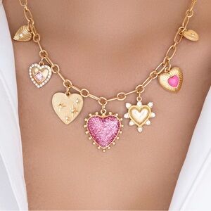 Heart Charm Necklace golden with pink enamel and white Swarovski crystals BNIB